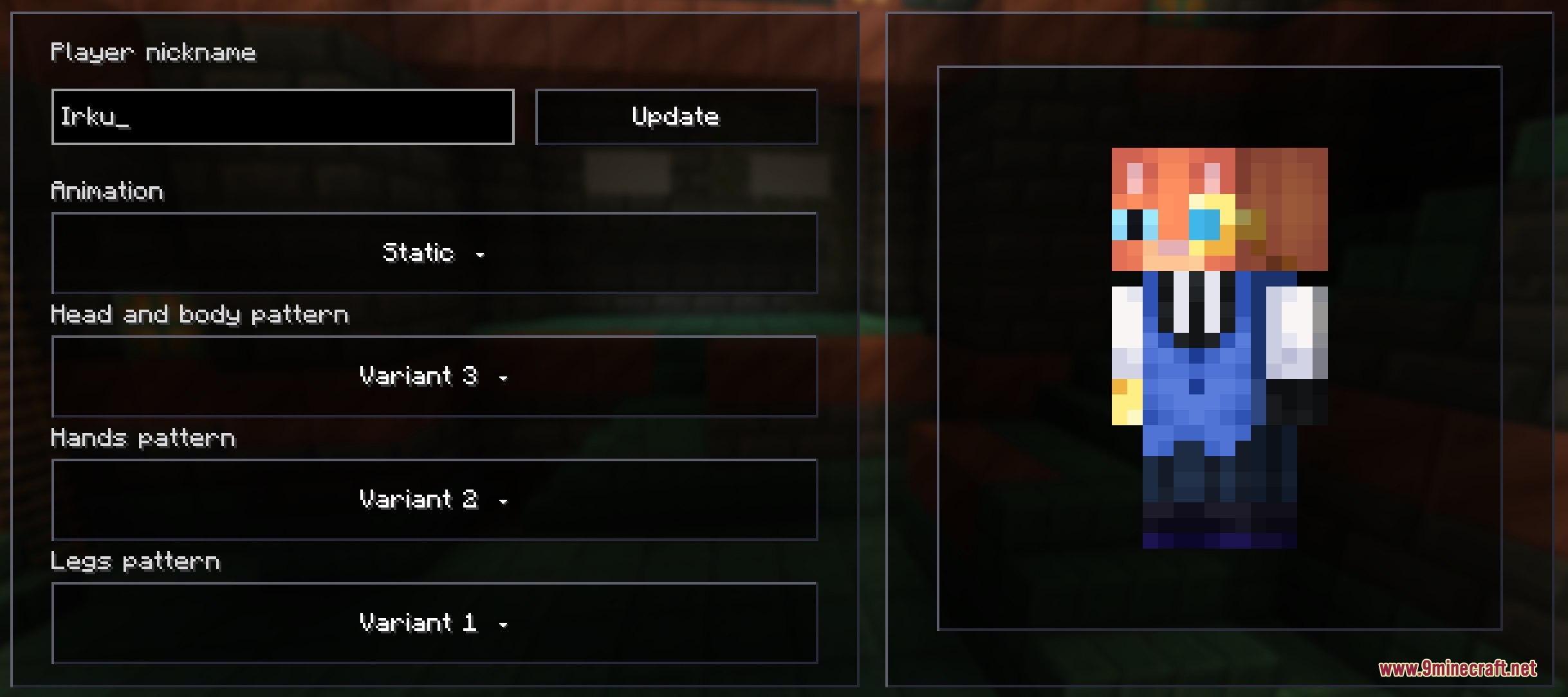 Configuring a custom player skin companion with a static animation in Minecraft