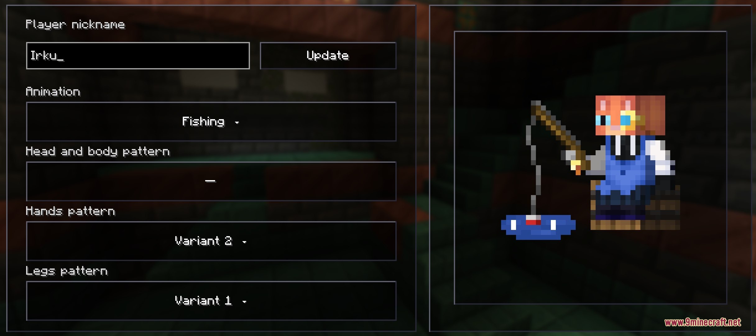 A tiny character companion performing a fishing animation on the inventory screen