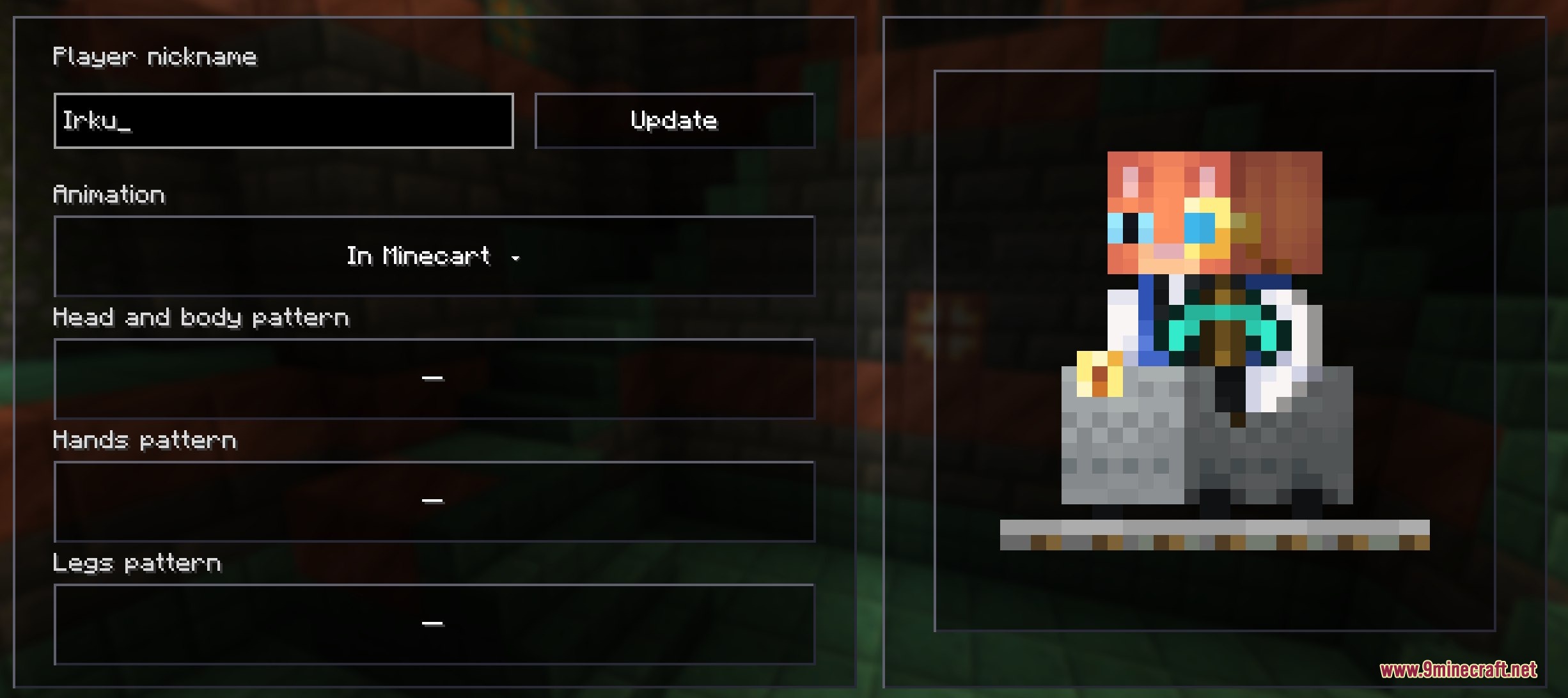 Inventory Companions Mod menu showing a character skin sitting in a minecart
