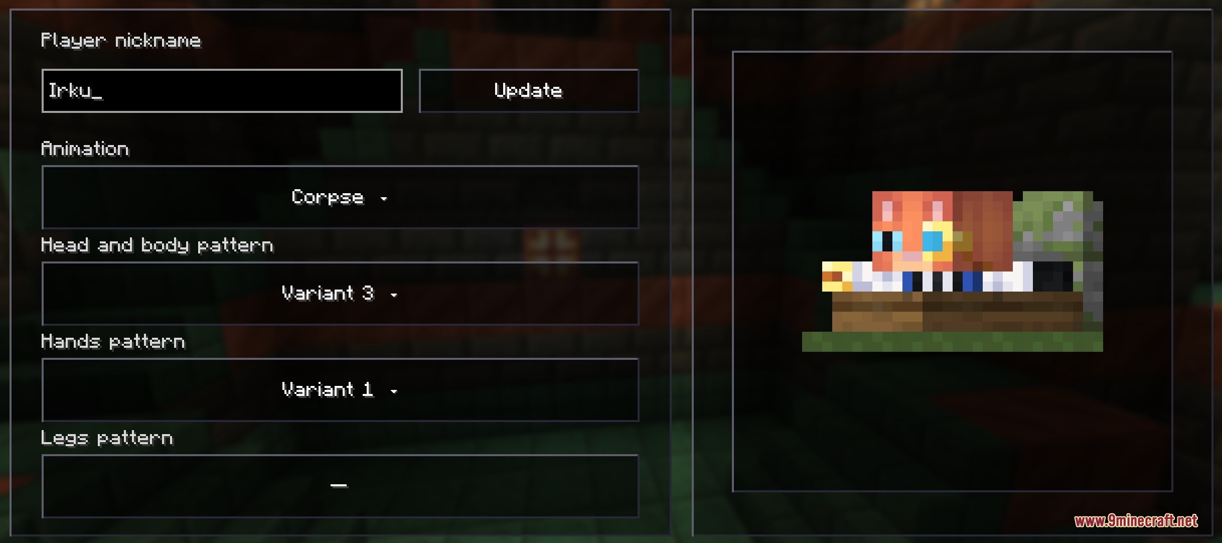A character skin lying in a coffin using the corpse animation setting