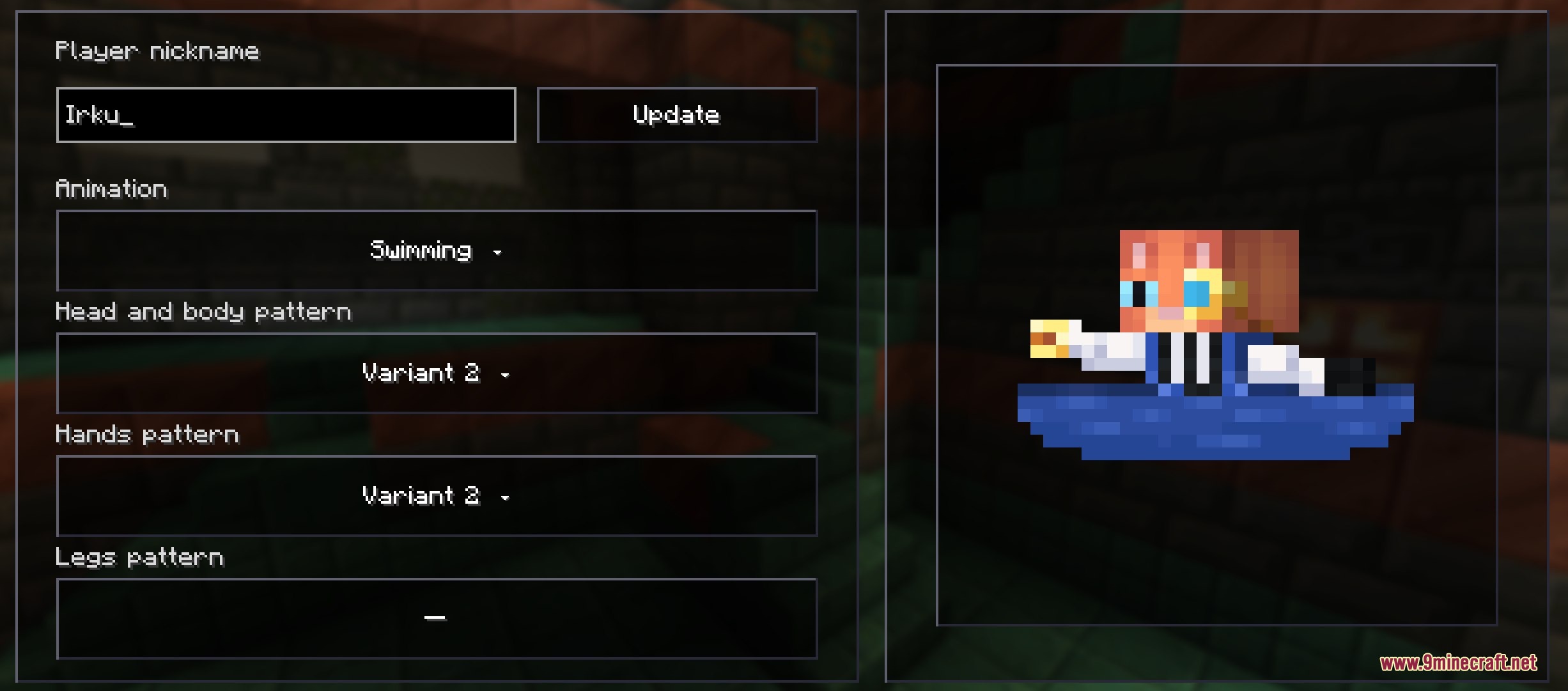 A tiny Minecraft character swimming in water inside the inventory menu screen