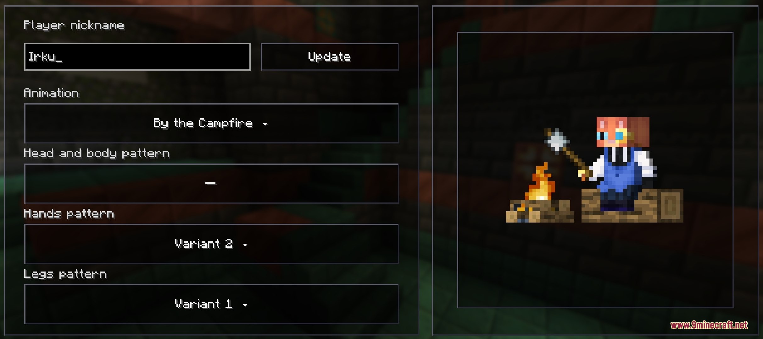 A small Minecraft character roasting a marshmallow by a campfire in inventory
