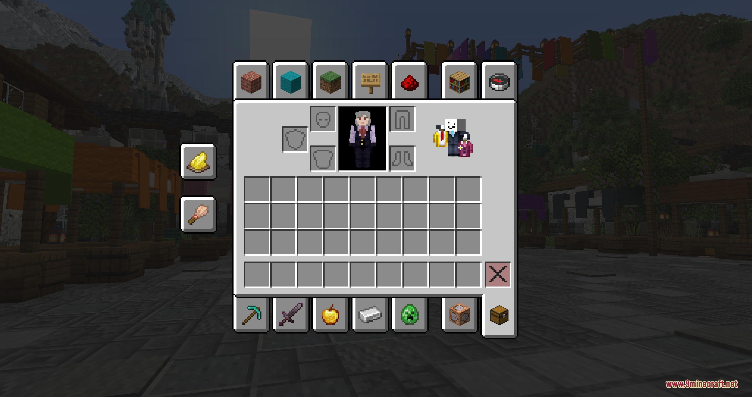 Creative inventory menu featuring a small animated character from Inventory Companions Mod