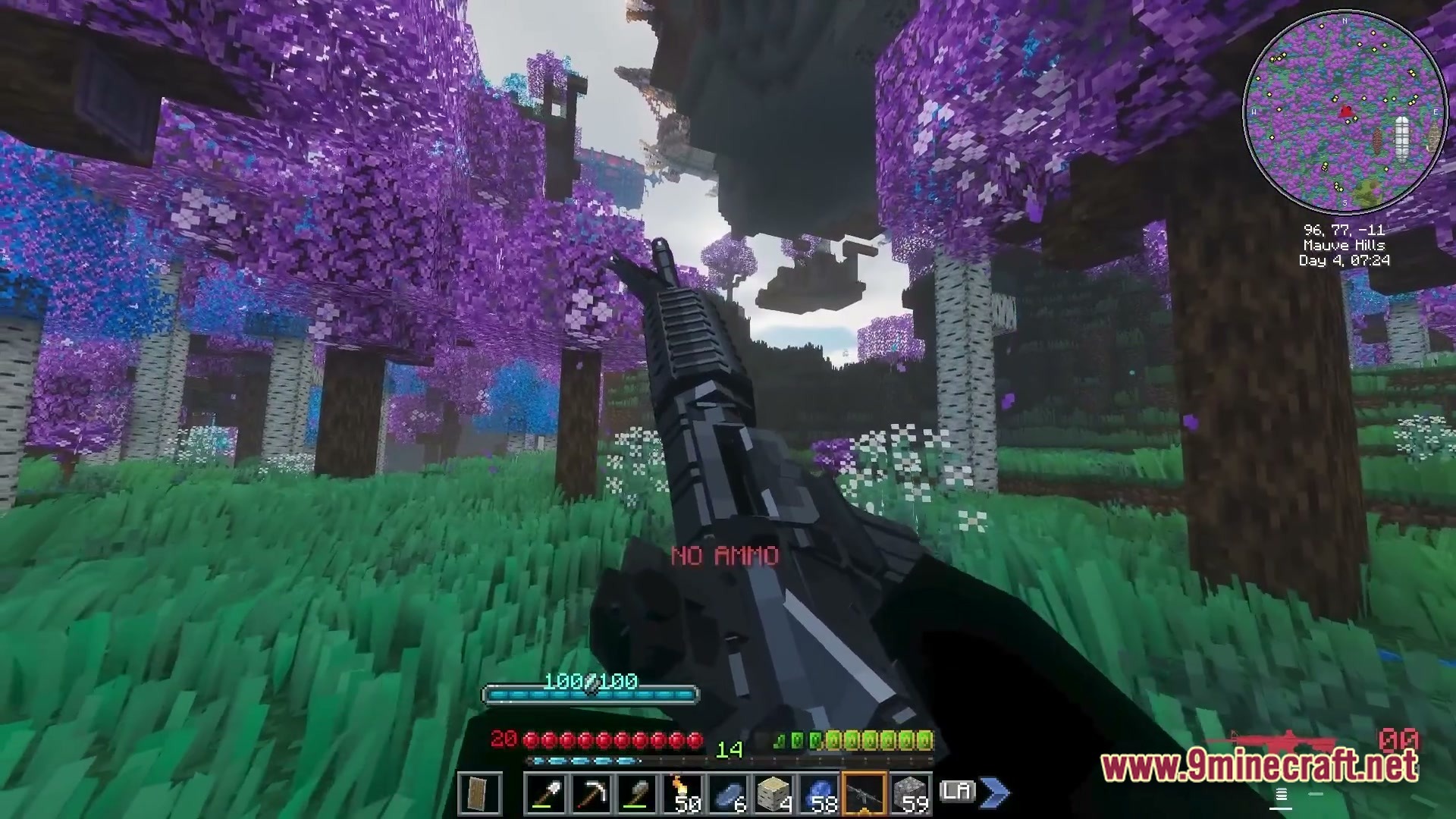 Iron Breach Velocity Modpack Screenshot 1 A player holds an empty firearm while standing in a Mauve Hills biome with purple trees