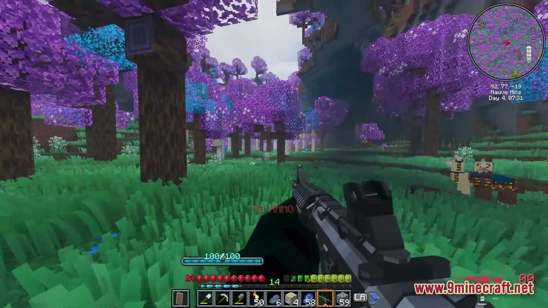 Iron Breach Velocity Modpack Screenshot 2 A player holds a firearm while exploring a Mauve Hills biome with purple and blue trees