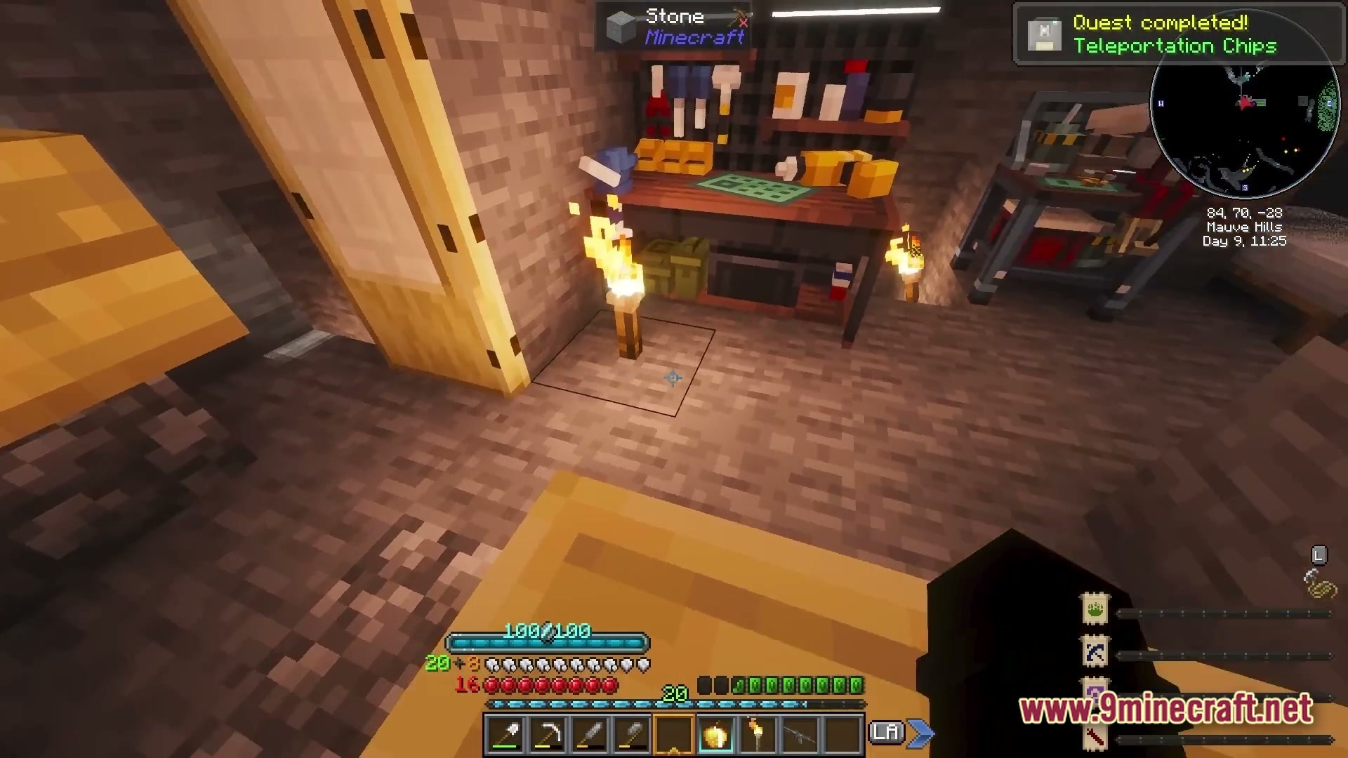 Iron Breach Velocity Modpack Screenshot 3 A player stands in a stone room with workbenches, tools, and a completed teleportation quest