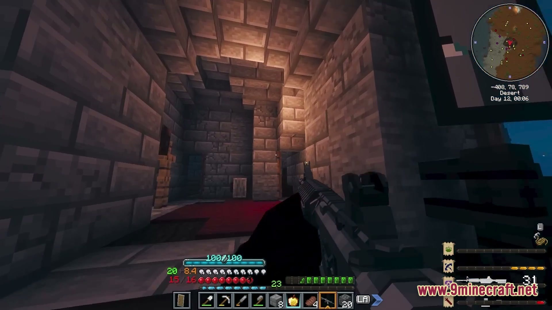 Iron Breach Velocity Modpack Screenshot 5 A first-person perspective of a player holding a firearm inside a stone brick dungeon structure