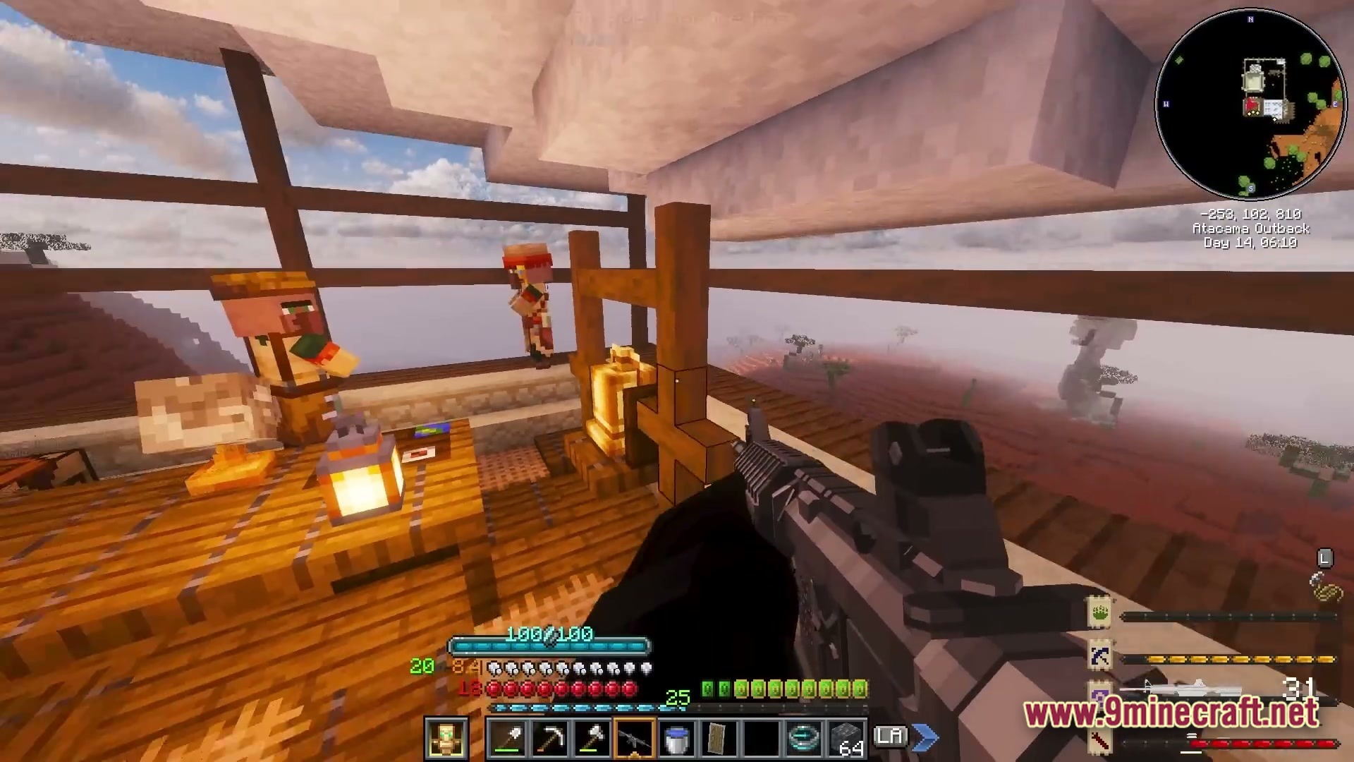 Iron Breach Velocity Modpack Screenshot 6 A player holds a firearm while standing near villagers in a wooden structure overlooking a desert biome