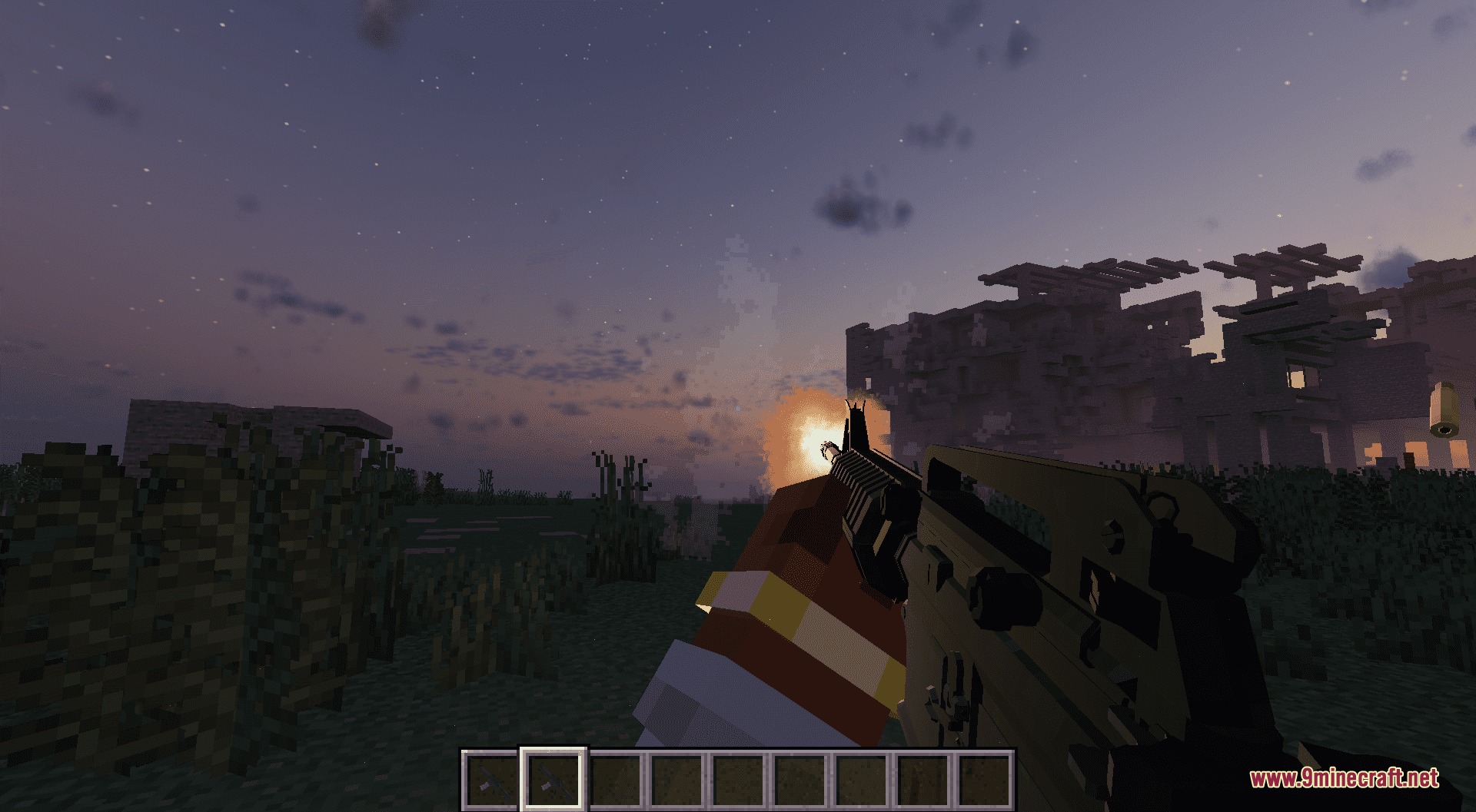 Iron Sight Foundry Mod Screenshot 1 A player fires a detailed assault rifle at night with a bright muzzle flash