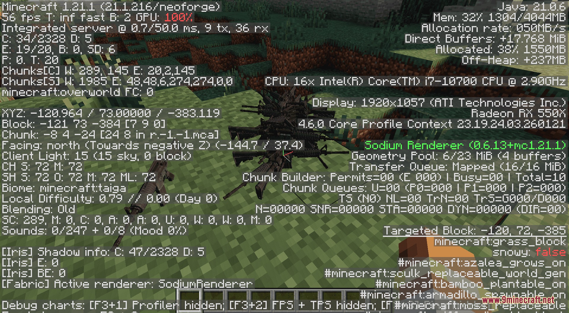 Iron Sight Foundry Mod Screenshot 5 Minecraft debug screen showing performance data and scattered 3D weapon models on grass