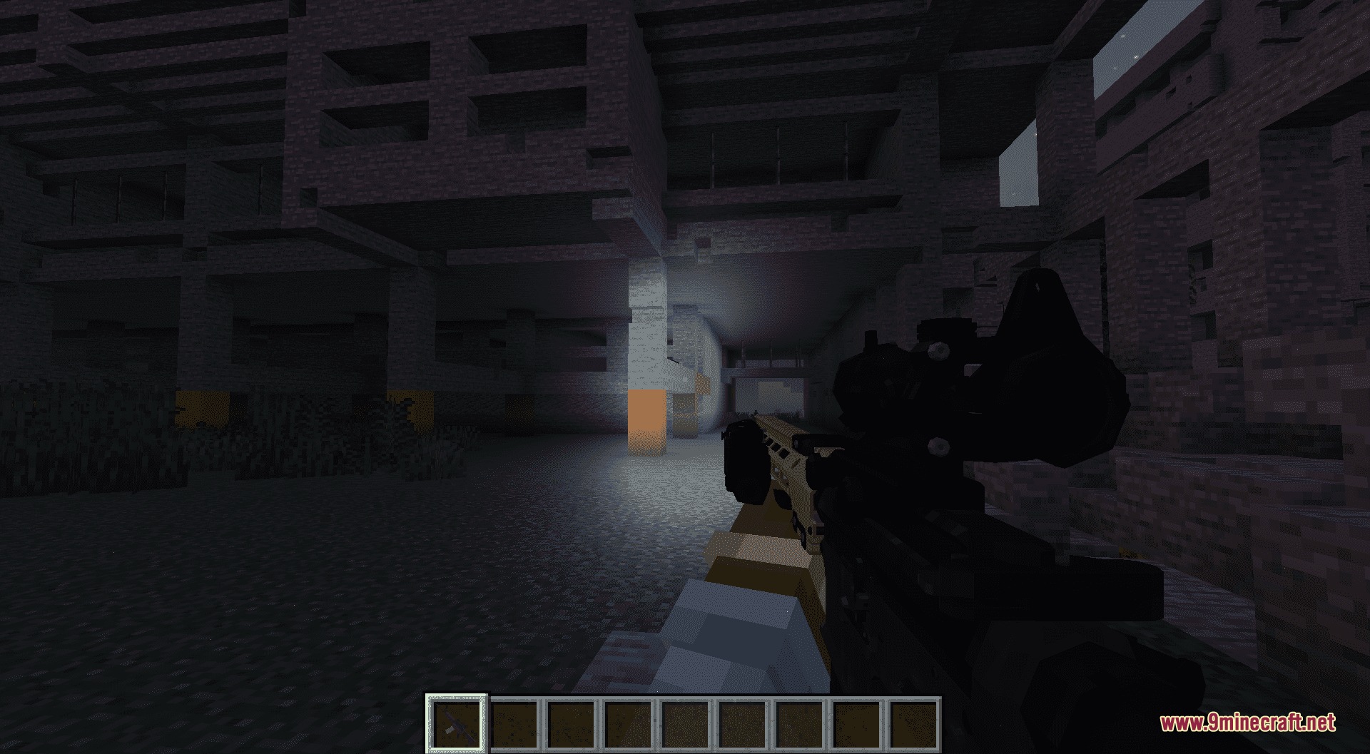 Iron Sight Foundry Mod Screenshot 7 First person view of a detailed firearm illuminating a dark abandoned concrete structure