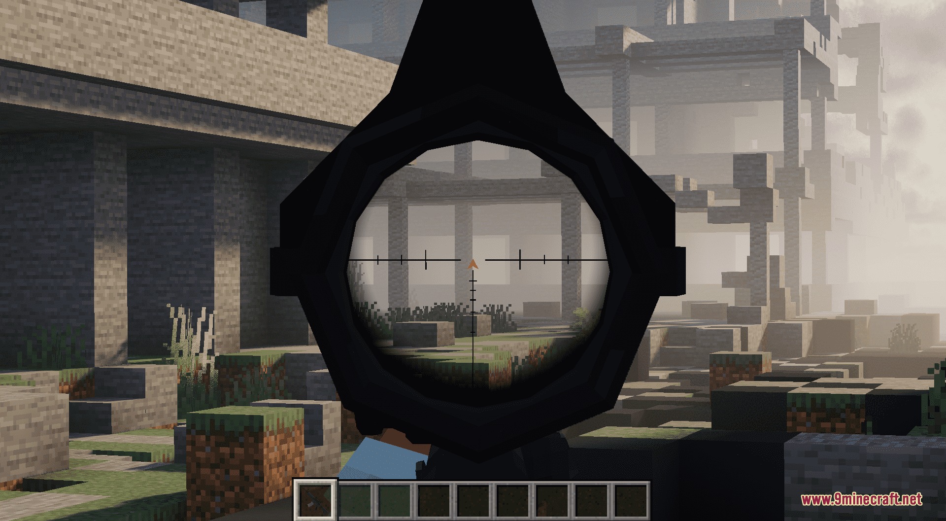 Iron Sight Foundry Mod Screenshot 8 Looking through a weapon scope at a ruined building in a foggy environment