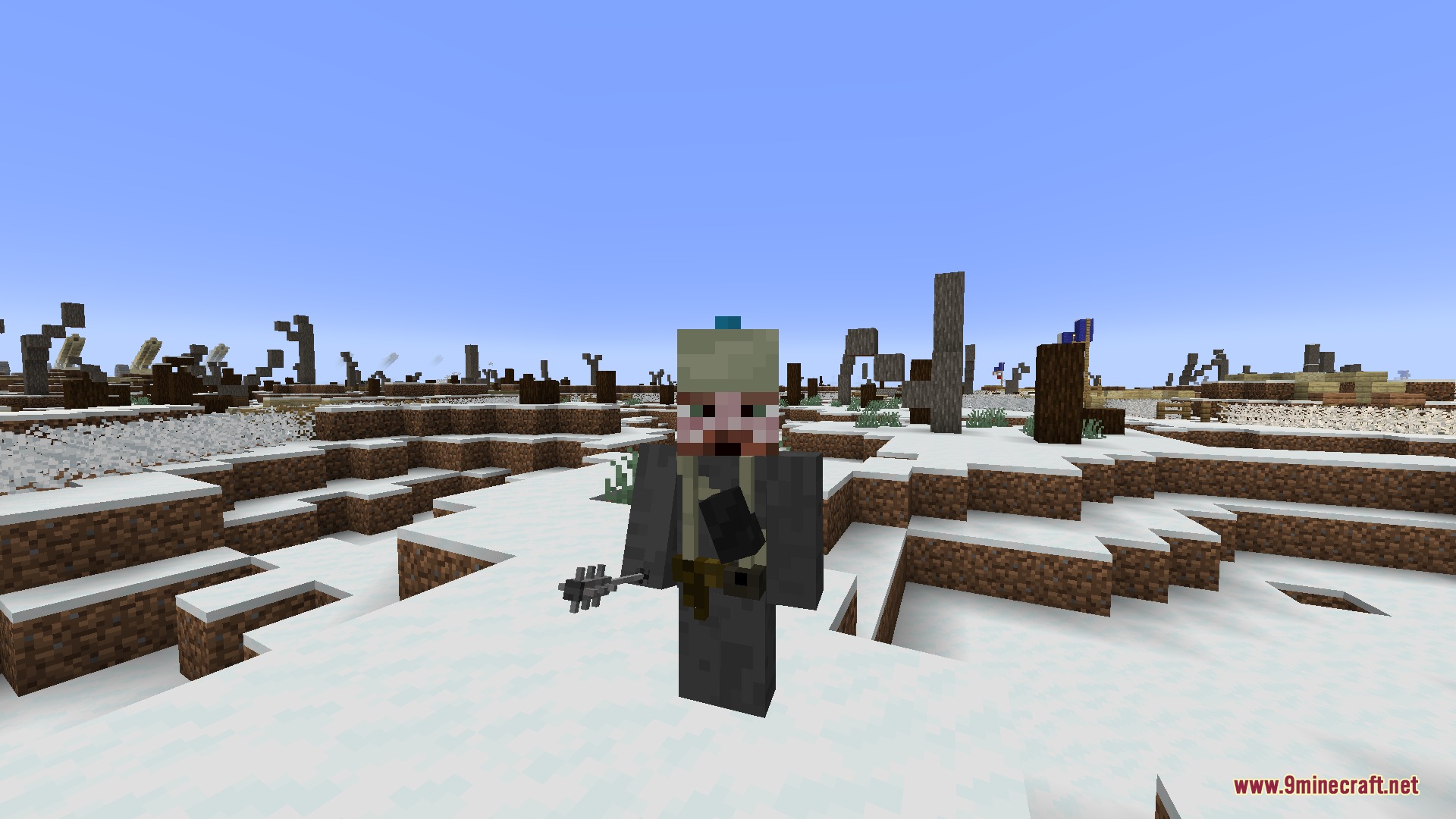 Iron Trenchline Mod Screenshot 1 A soldier in Iron Trenchline Mod stands in a snowy battlefield landscape