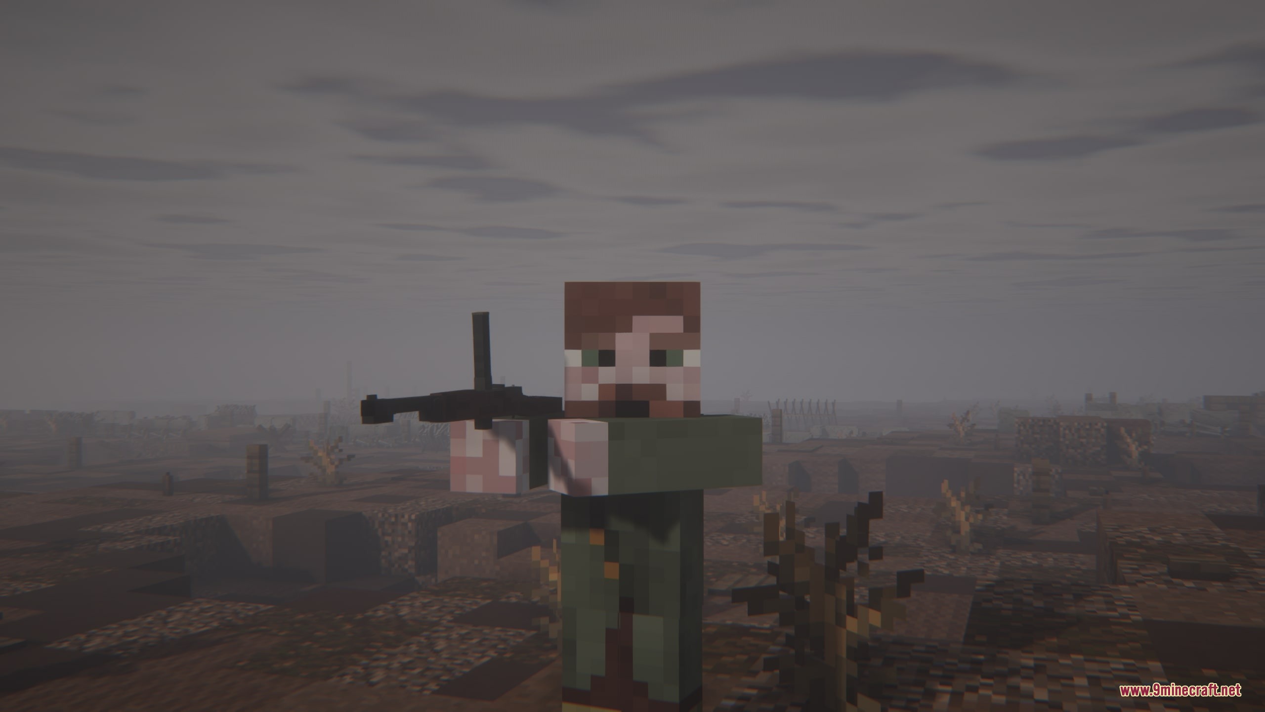 Iron Trenchline Mod Screenshot 3 A Minecraft soldier holding a vintage submachine gun in a foggy trench