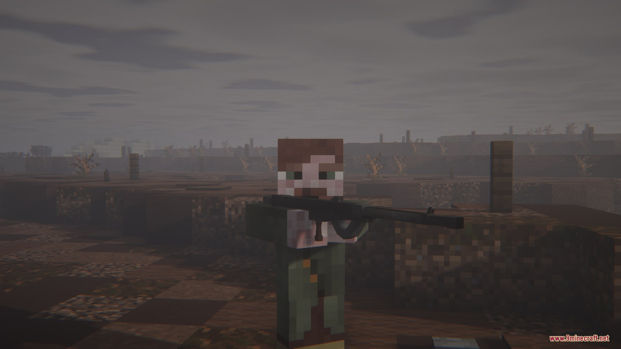 Iron Trenchline Mod Screenshot 4 A Minecraft player aiming a long rifle across a desolate battlefield