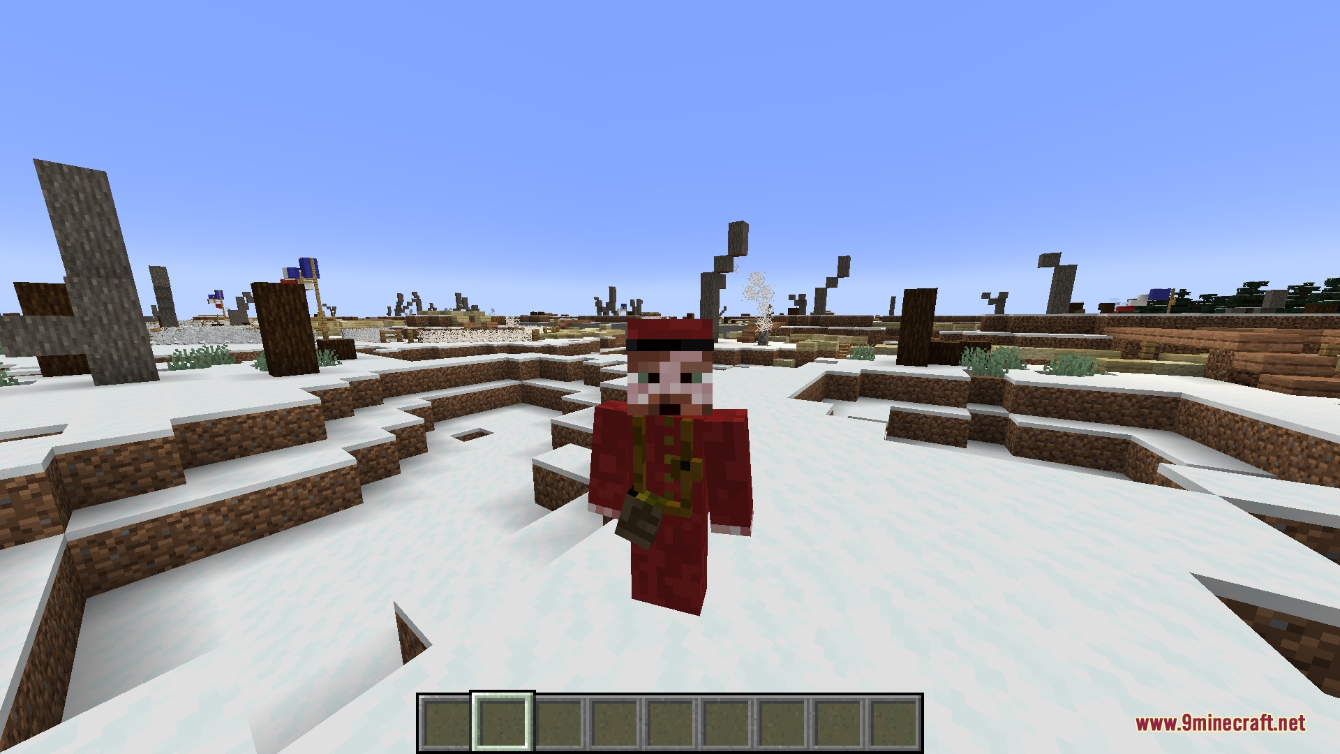 Iron Trenchline Mod Screenshot 8 A player wearing a red military uniform standing in a snowy trench environment