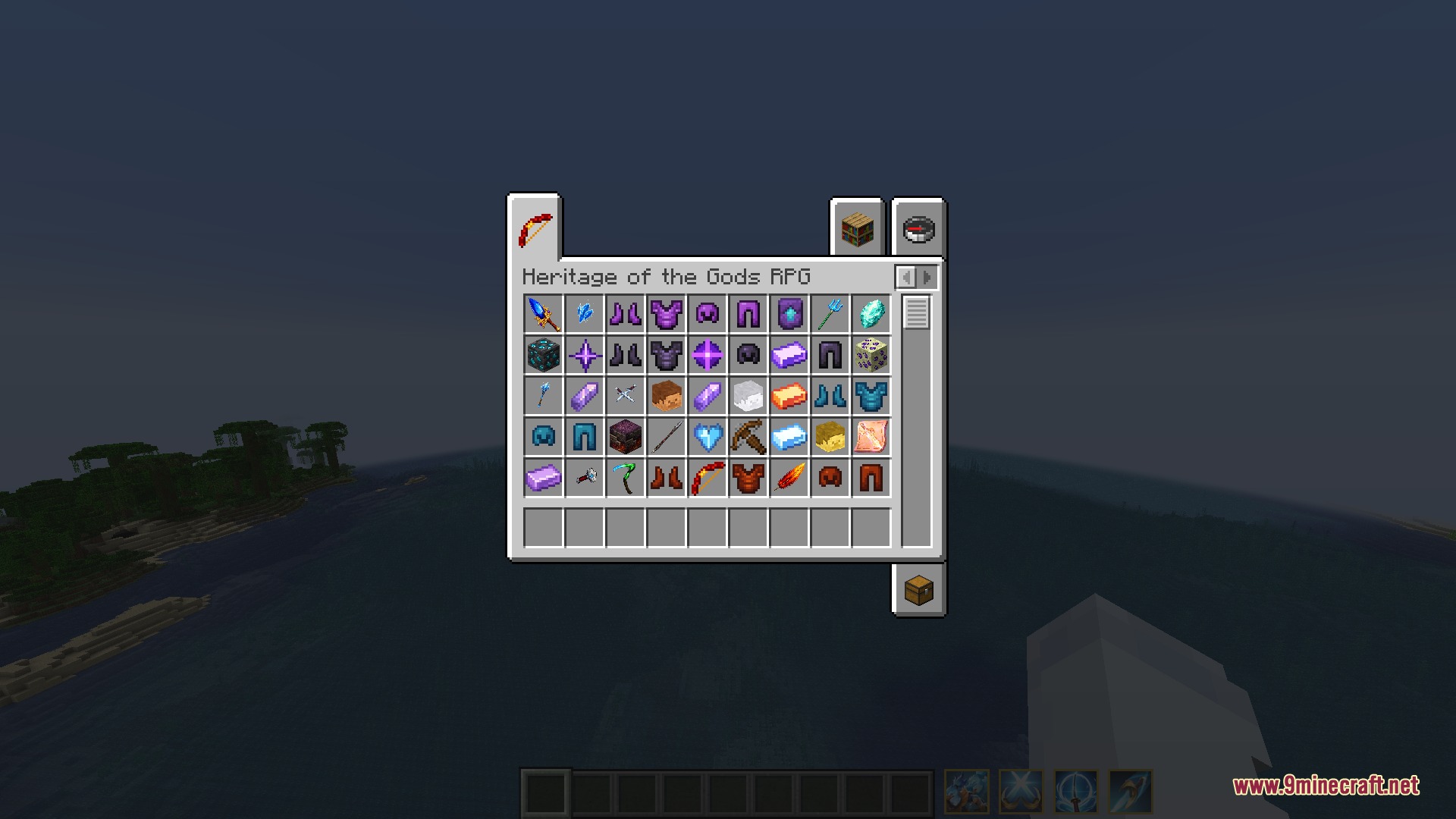 Minecraft inventory screen displaying various RPG items and equipment from a mod