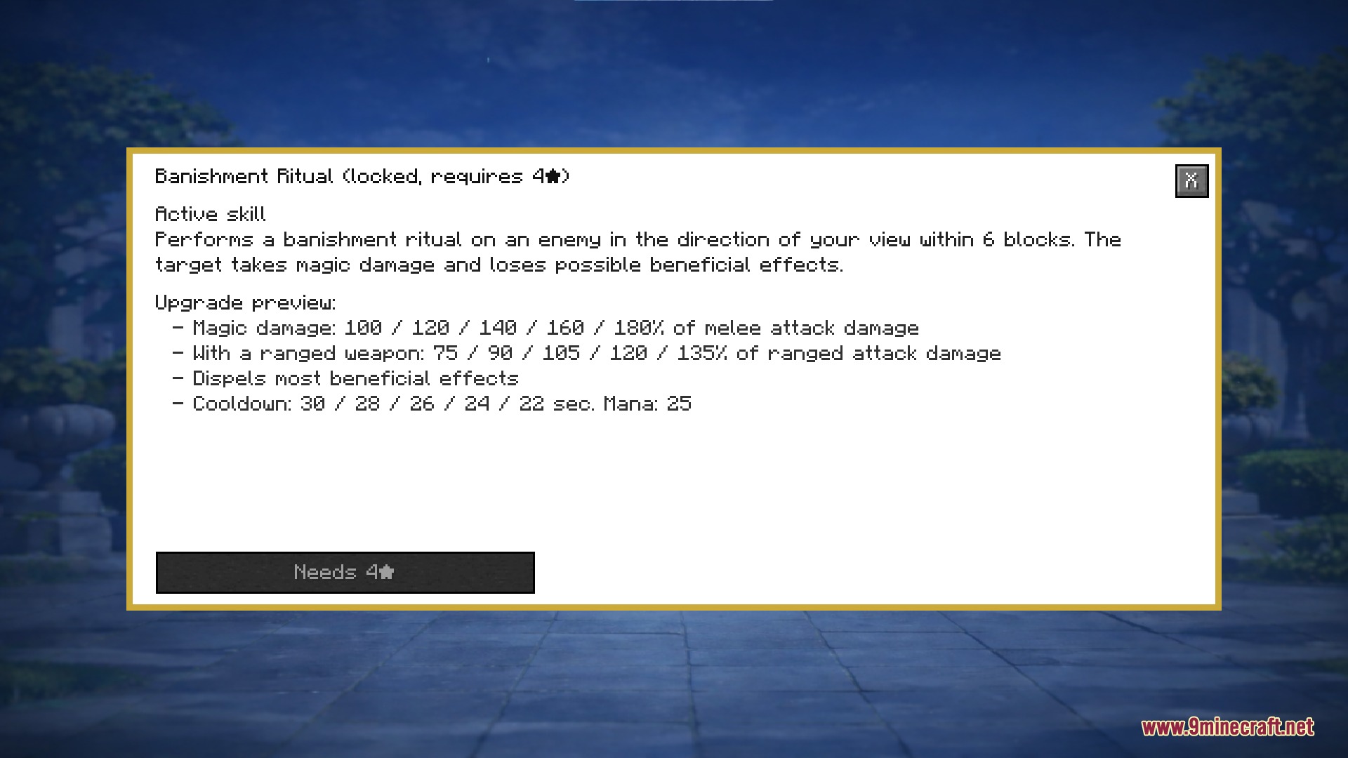 Skill description UI for Banishment Ritual showing magic damage and cooldown stats