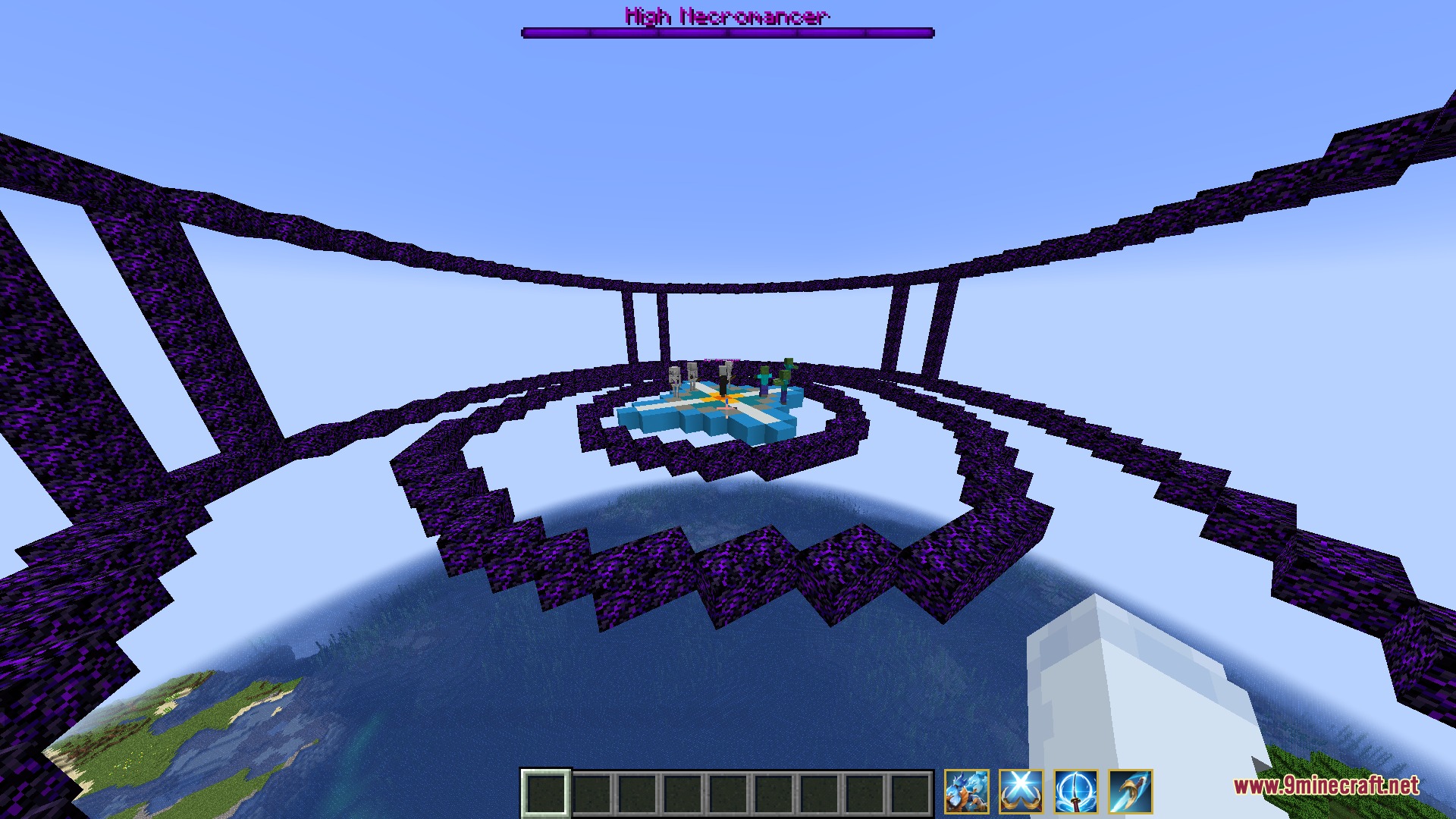 A large circular arena floating in the sky for the High Necromancer boss fight