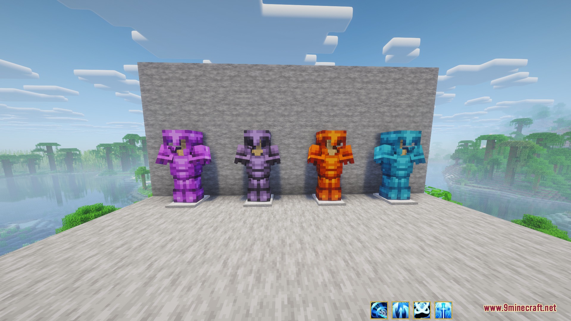 Four sets of colorful legendary armor displayed on stands in a jungle biome