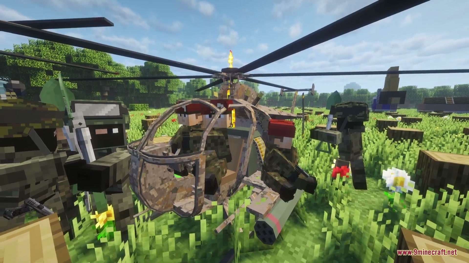 Ironclad Frontline Mod Screenshot 2 Military soldiers in camouflage gear boarding a small combat helicopter in Minecraft