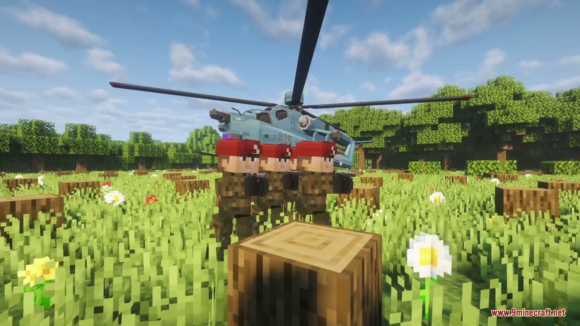 Ironclad Frontline Mod Screenshot 3 Soldiers in red berets standing in a grassy field with a military helicopter