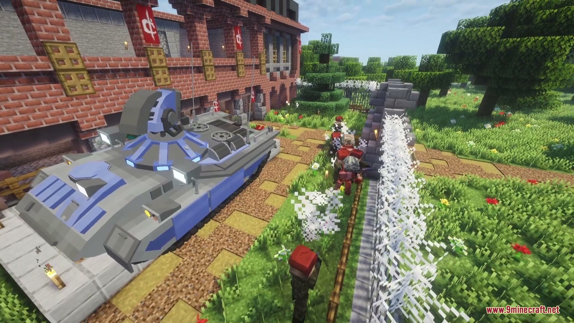 Ironclad Frontline Mod Screenshot 5 Soldiers in red uniforms guarding a large blue and grey armored tank