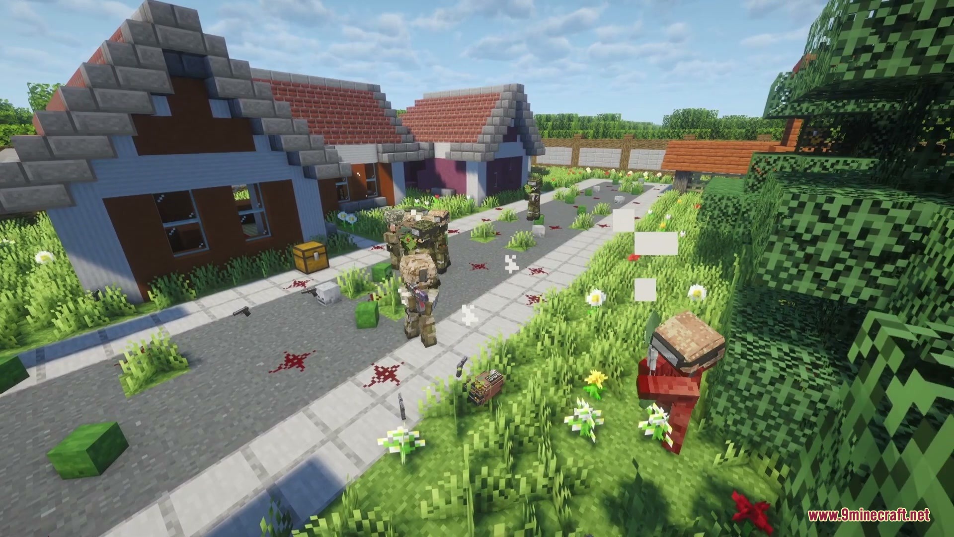 Ironclad Frontline Mod Screenshot 8 Armed soldiers patrolling a suburban street with blood stains on the ground