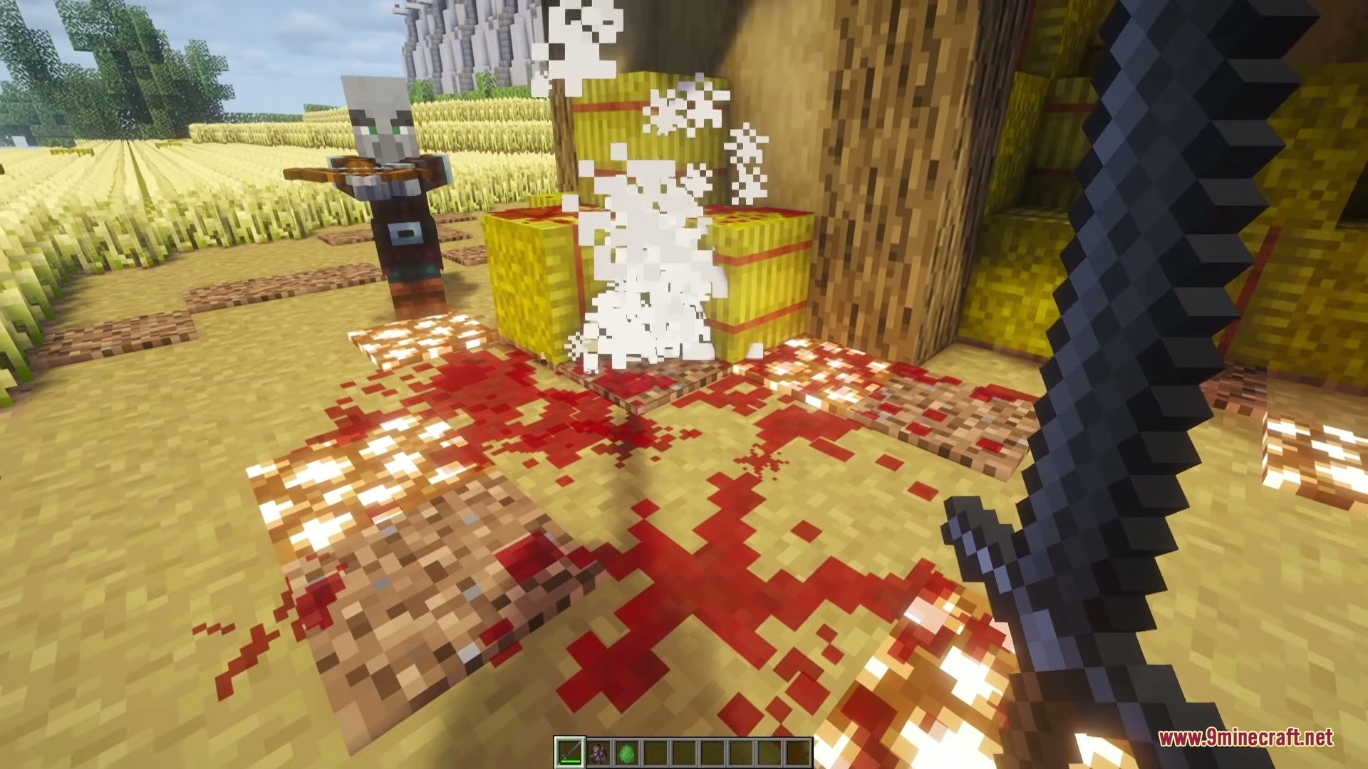 Iron's Simple Blood Mod Screenshot 1 A Pillager stands near red blood splatters on the ground in Minecraft