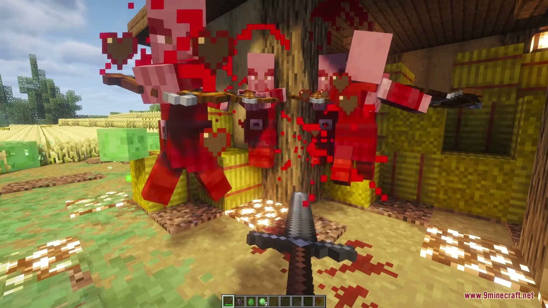 Iron's Simple Blood Mod Screenshot 3 Player attacks Pillagers with a sword creating red blood splatter effects