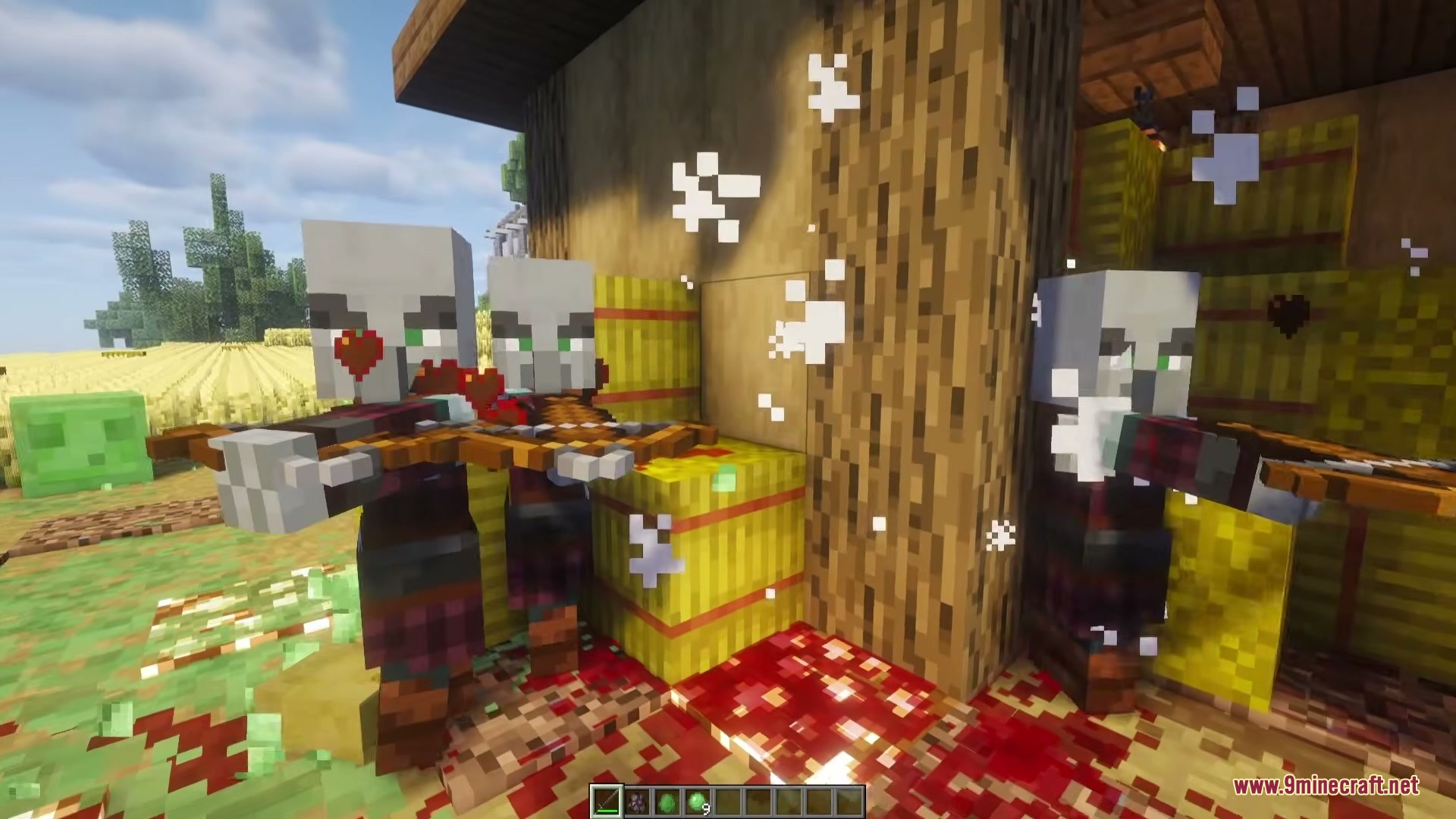 Iron's Simple Blood Mod Screenshot 4 Pillagers stand near hay bales with red blood stains on the ground