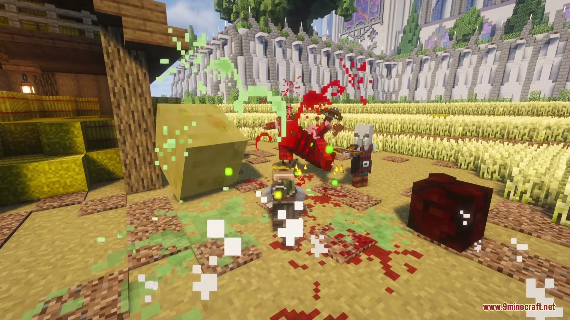 Iron's Simple Blood Mod Screenshot 6 Colorful blood particles splash into the air during a combat encounter with mobs