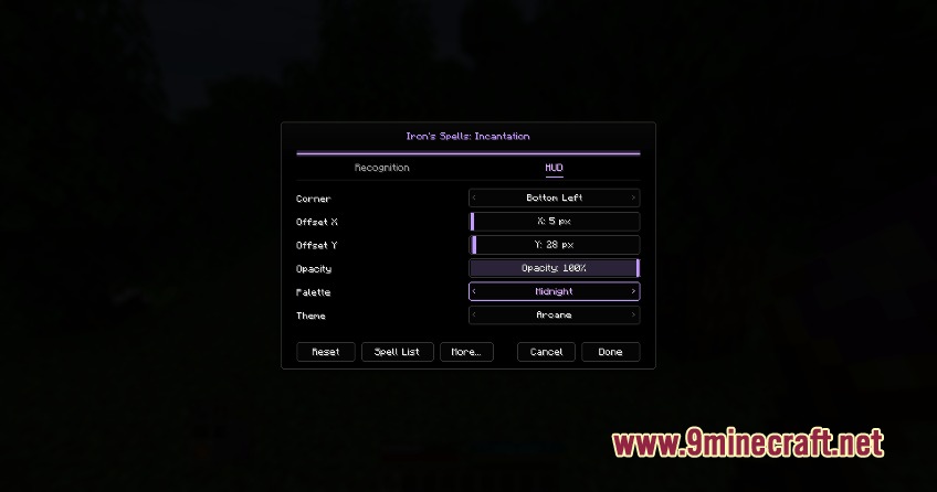 Configuration menu for Irons Spells Incantation mod showing various HUD settings