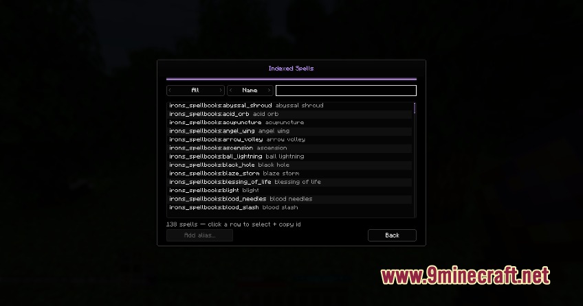 A menu screen showing a list of indexed spells and their identification codes