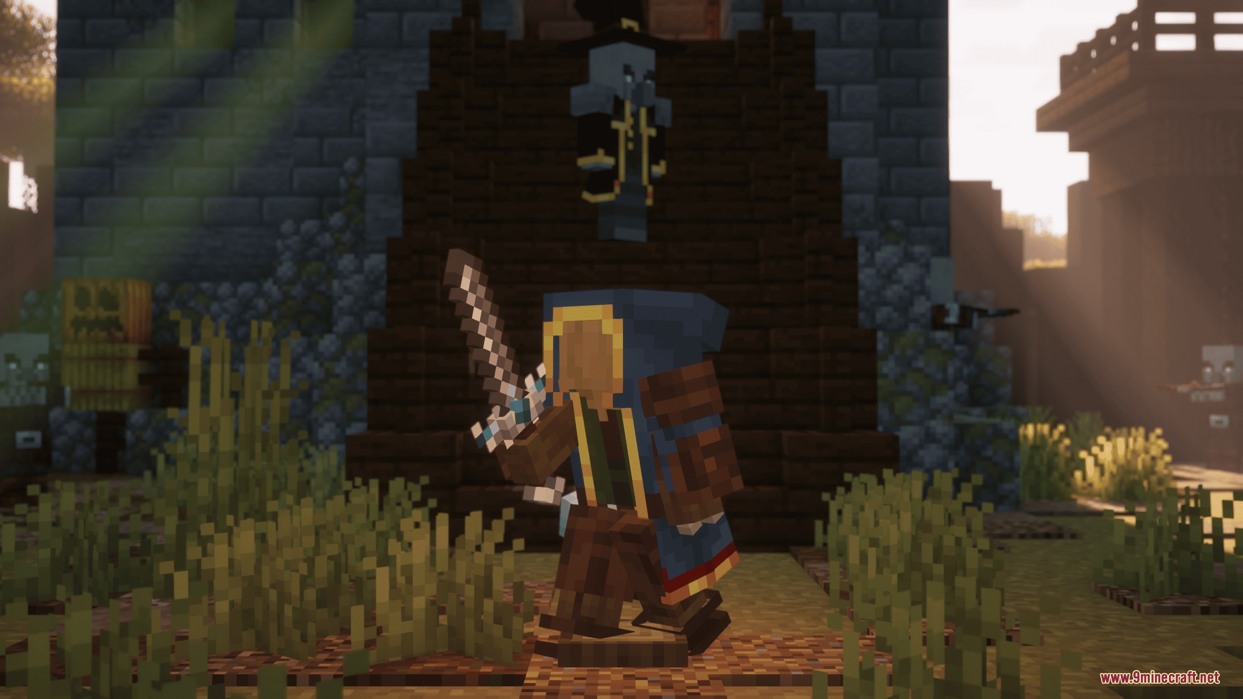 Iron's Spells 'n Spellbooks Reimagined Resource Pack Screenshot 2 A hooded mage wielding a detailed 3D sword against a dark wizard
