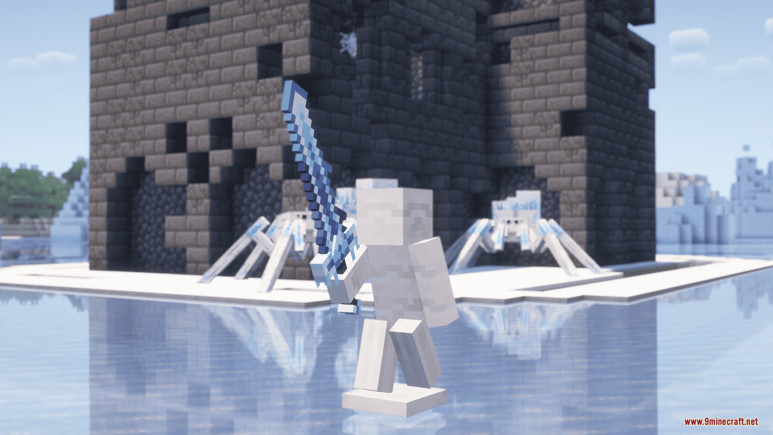 Iron's Spells 'n Spellbooks Reimagined Resource Pack Screenshot 3 White character wielding a large detailed blue sword in a frozen biome