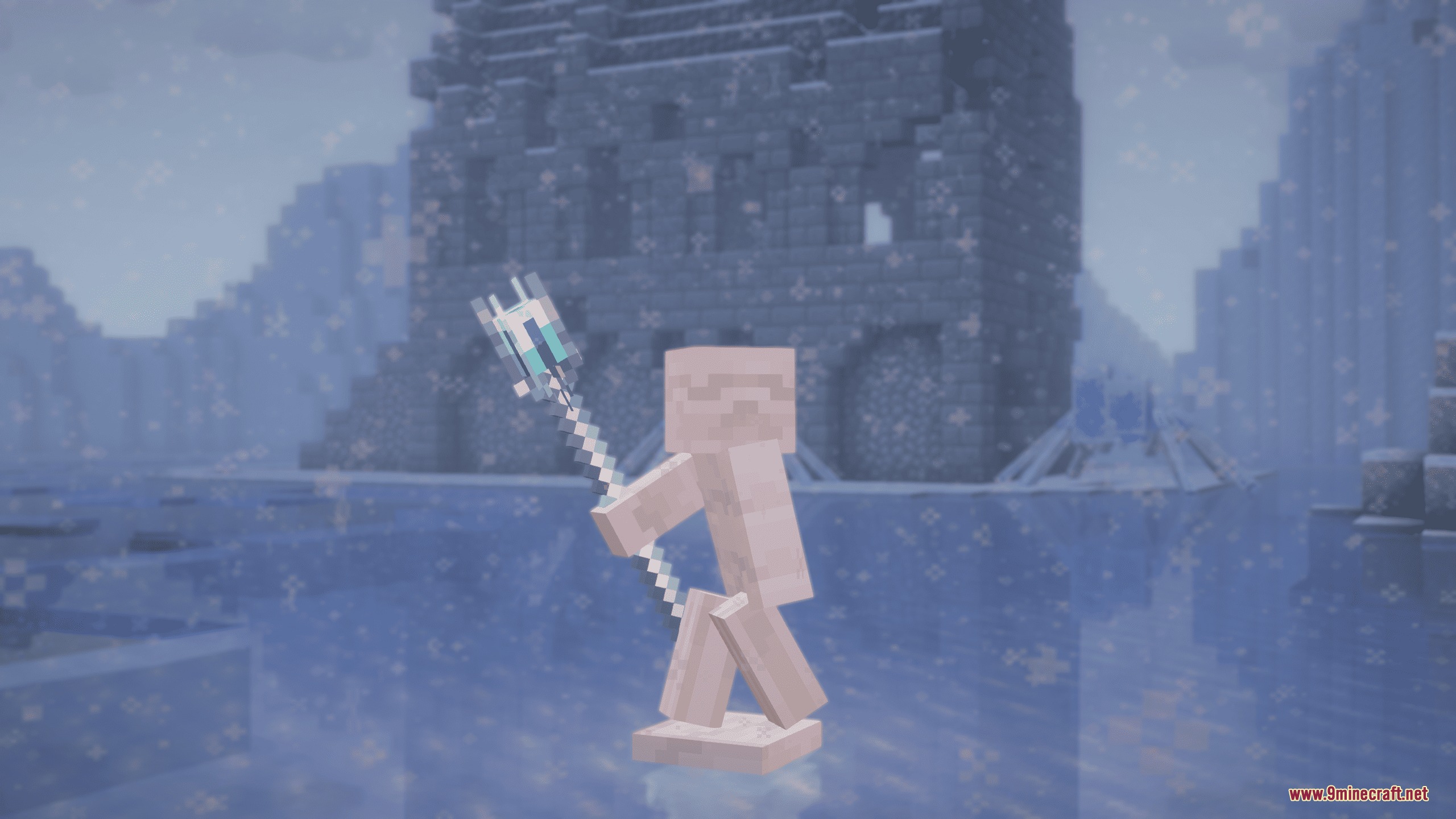 Iron's Spells 'n Spellbooks Reimagined Resource Pack Screenshot 5 White character holding a detailed 3D magic staff in a snowy landscape