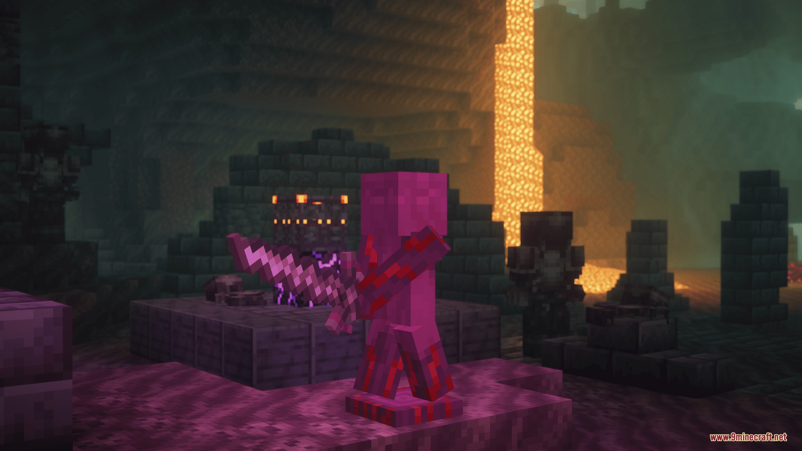 Iron's Spells 'n Spellbooks Reimagined Resource Pack Screenshot 6 Pink character wielding a custom 3D sword in a dark Nether environment