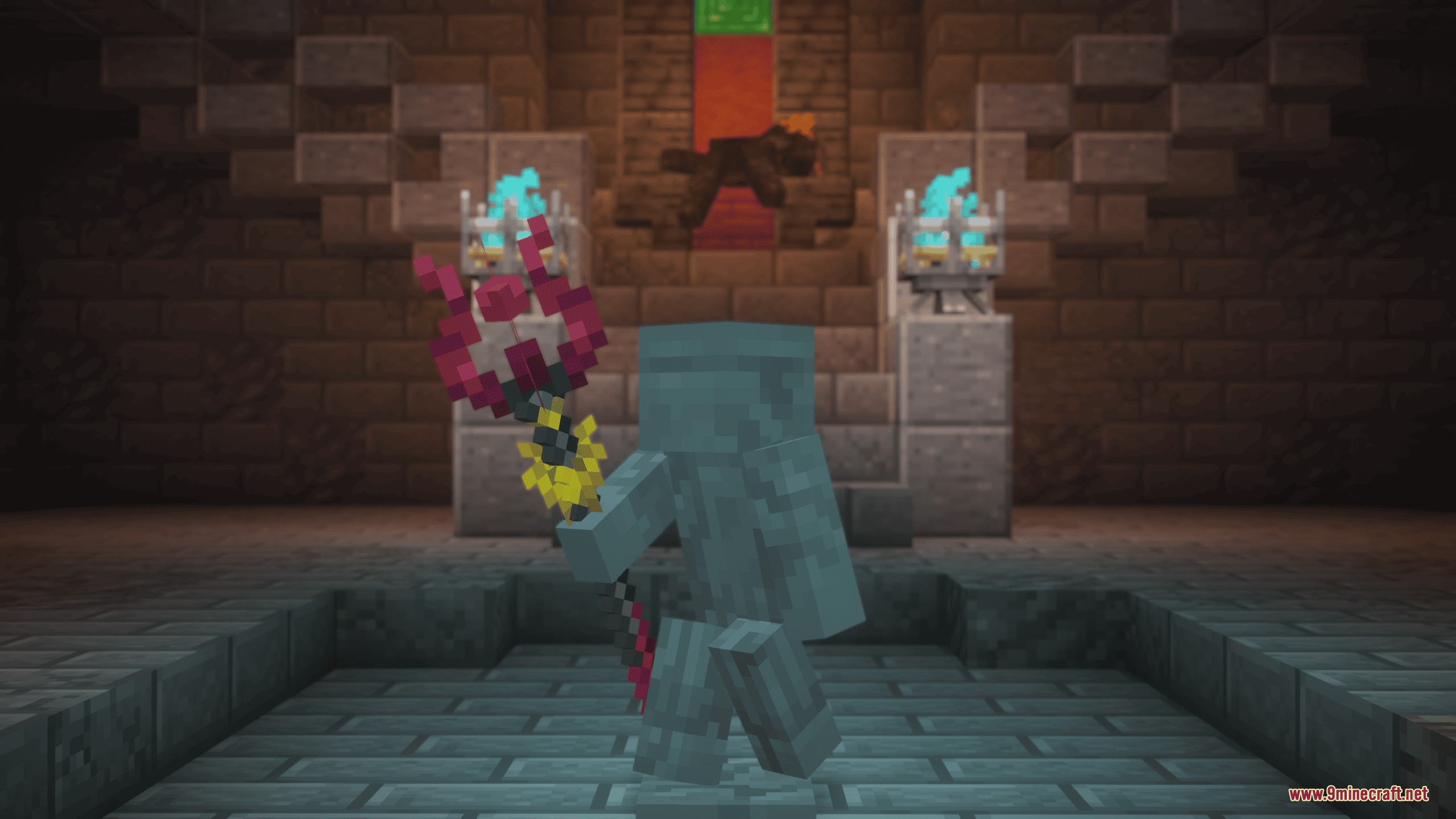 Iron's Spells 'n Spellbooks Reimagined Resource Pack Screenshot 7 A player character holding a detailed 3D magic staff in a dungeon