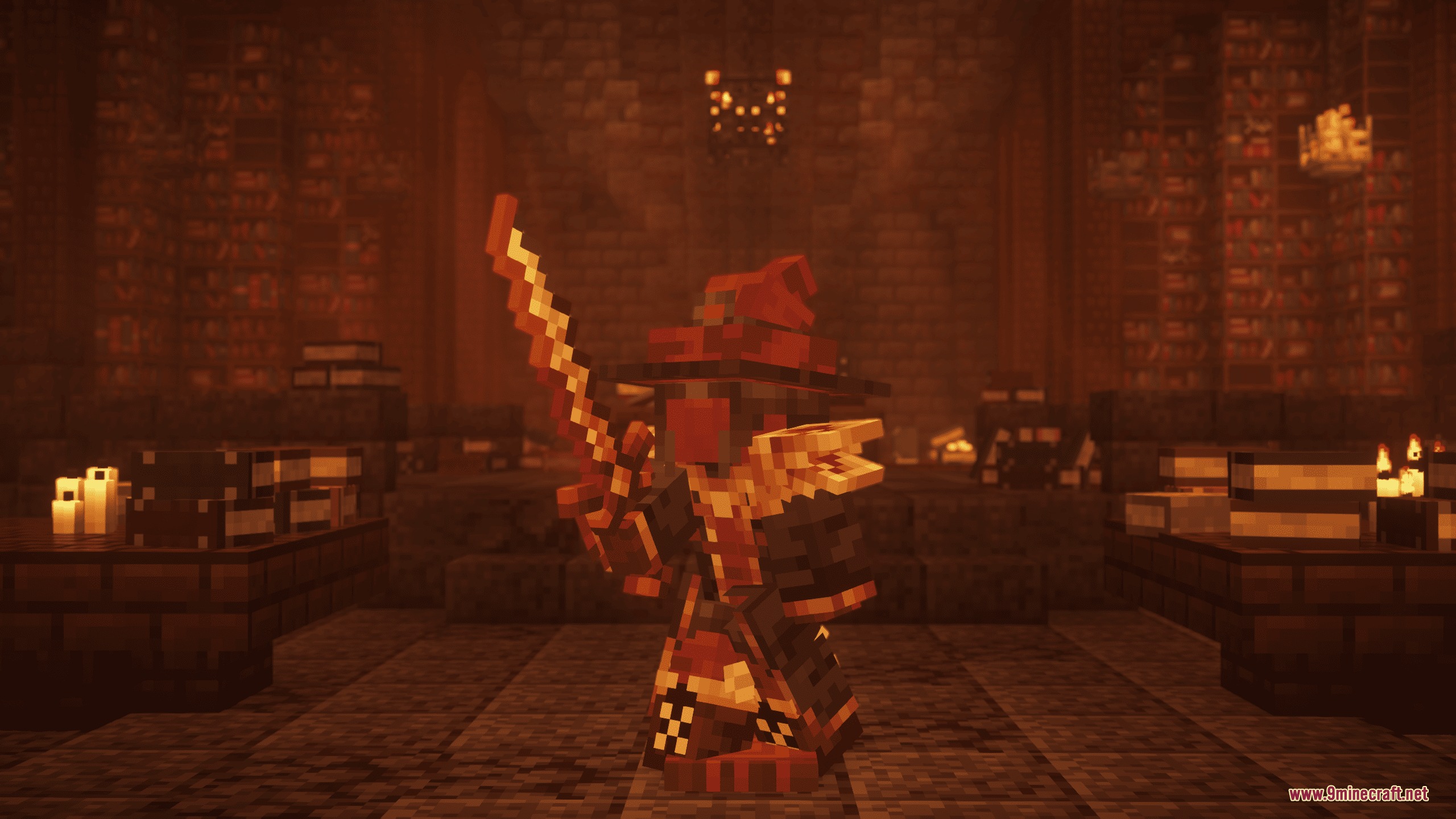 Iron's Spells 'n Spellbooks Reimagined Resource Pack Screenshot 8 A wizard character wielding a glowing 3D magic sword in a library