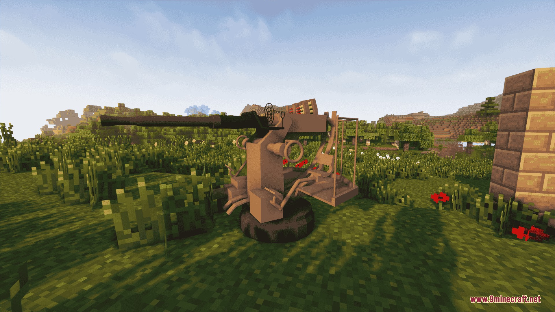 Ironworks Ballistics Mod Screenshot 2 A large mounted anti-aircraft turret stands in a grassy field at sunset