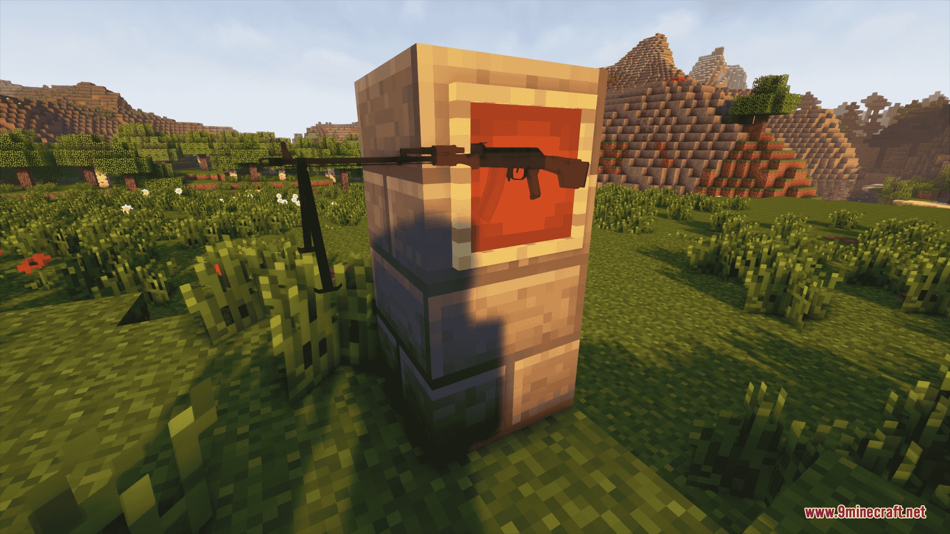 Ironworks Ballistics Mod Screenshot 3 A modular machine gun mounted on a stone block in a field