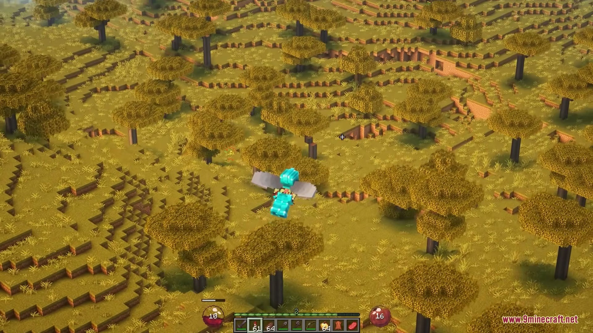 A player glides over a savanna biome using an elytra in isometric perspective