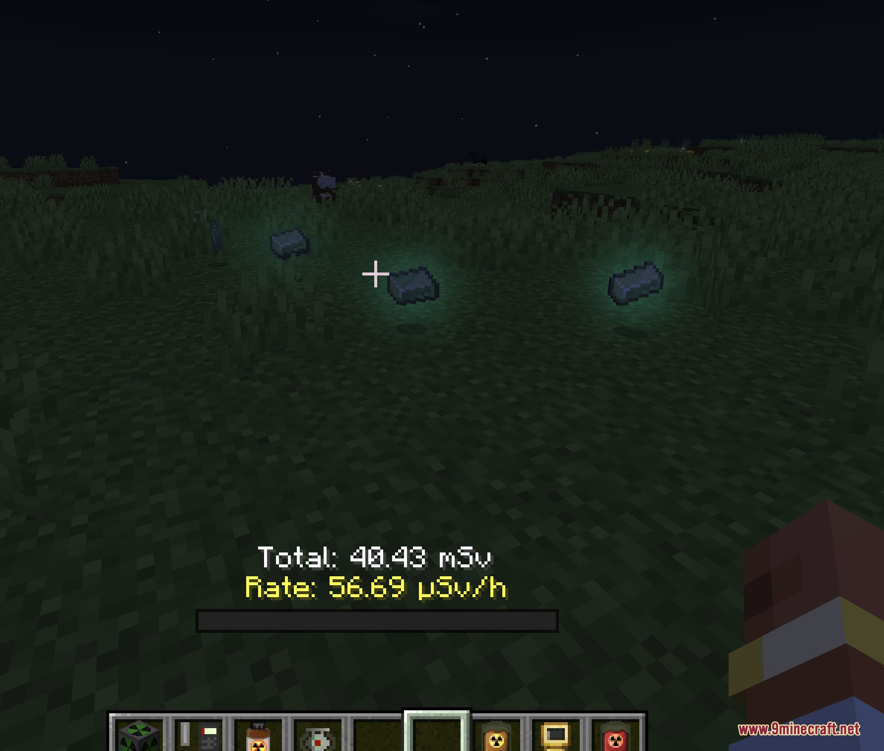 Radioactive items glow on the ground while screen displays radiation exposure rates