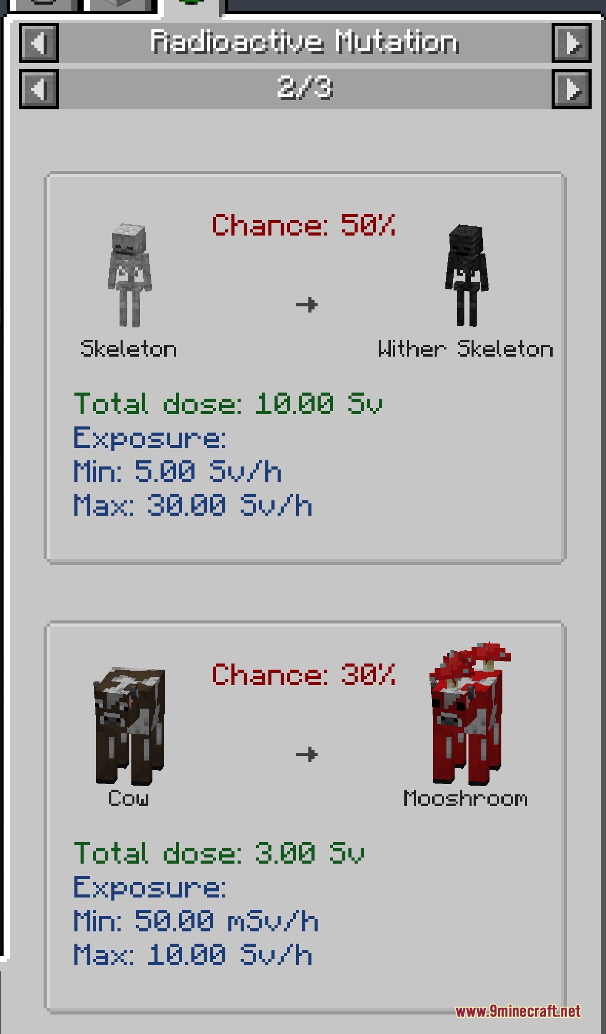 Isotope Decay Mod interface showing mob mutations caused by specific radioactive exposure doses