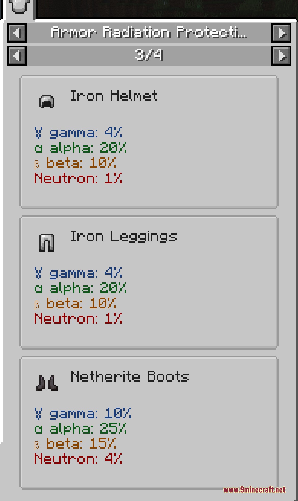 Minecraft interface displaying radiation resistance percentages for various types of protective armor