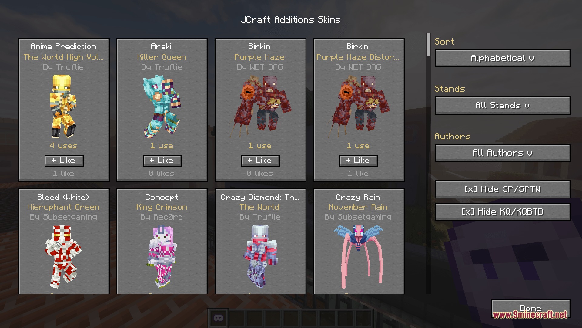 J Craft Additions Mod Screenshot 1 J Craft Additions menu displaying a gallery of custom stand skins