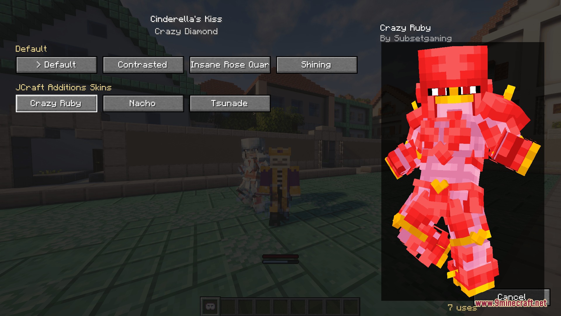 J Craft Additions Mod Screenshot 3 A player selects a custom Crazy Ruby skin from the stand customization menu