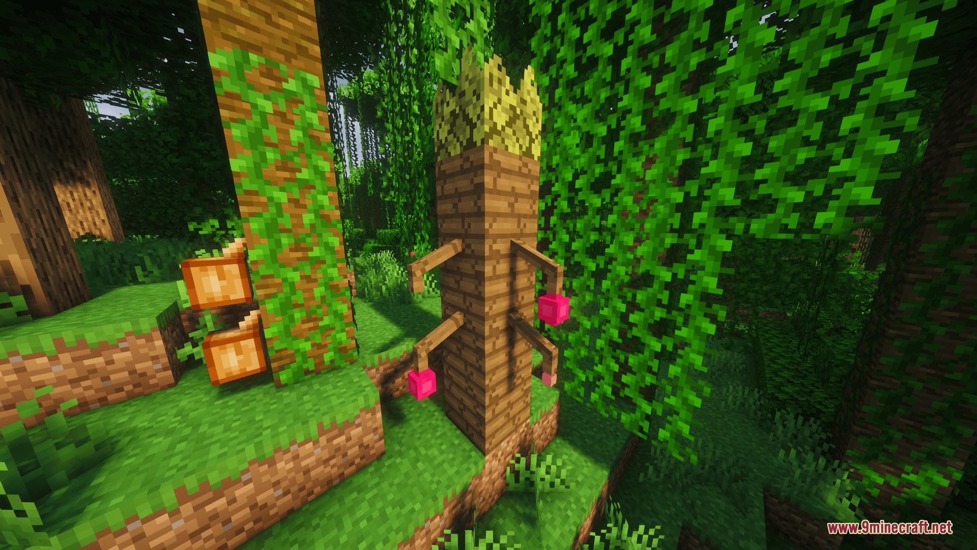 J Craft Additions Mod Screenshot 4 A Locacaca tree with pink fruit grows naturally in a dense Minecraft jungle