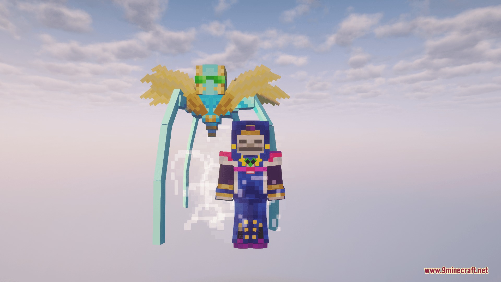 J Craft Additions Mod Screenshot 5 Minecraft player displaying a custom stand skin with golden wings and goggles